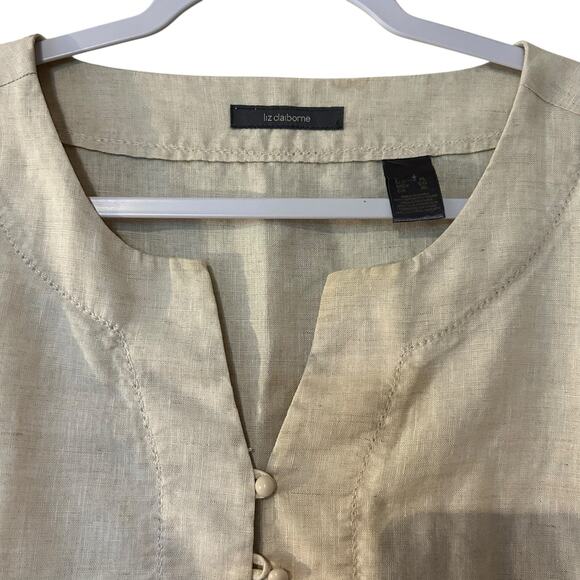 Liz Claiborne 100% Linen Blouse Top Tunic Beige SZ XL Button Front Boho Cottage - Picture 3 of 8